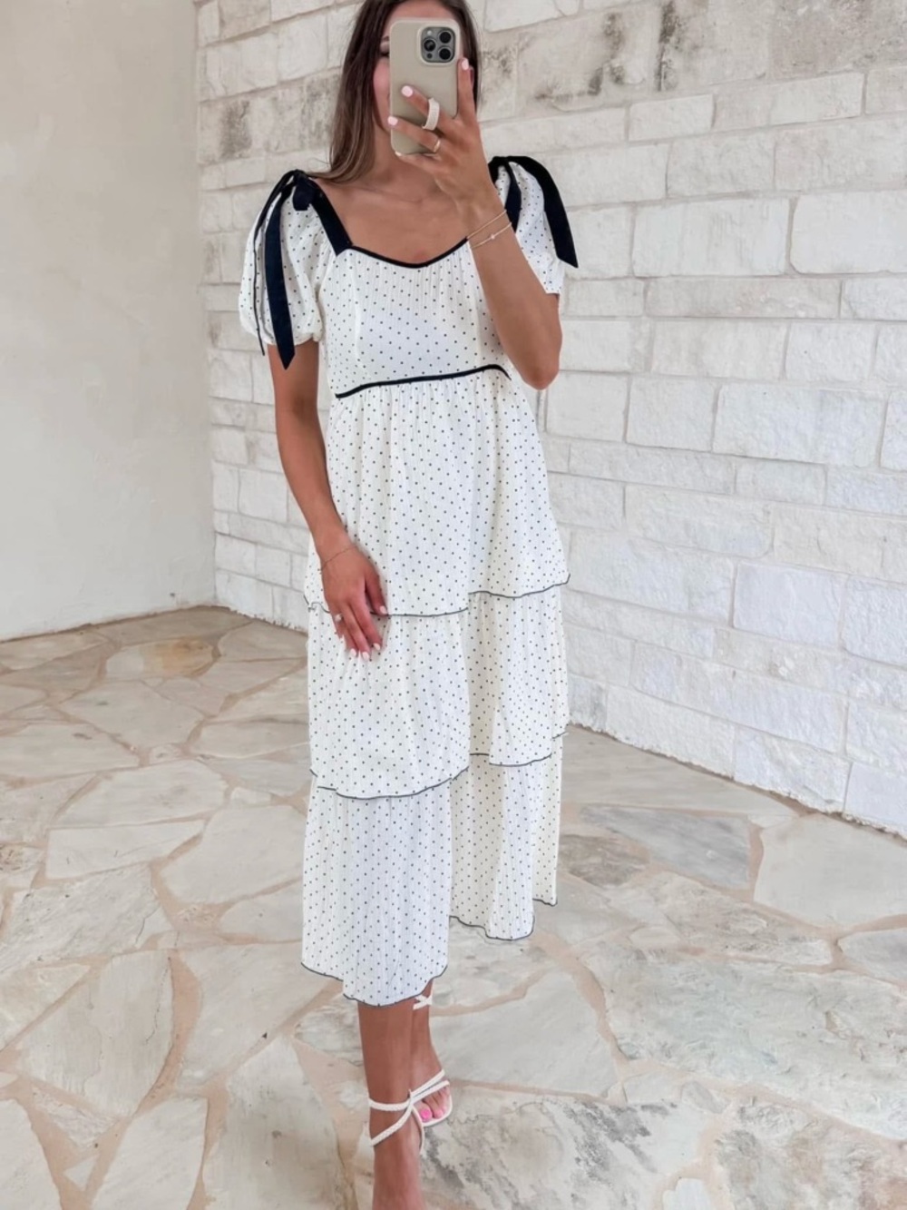 White Polka Dot Tiered Midi Dress with Black Trim